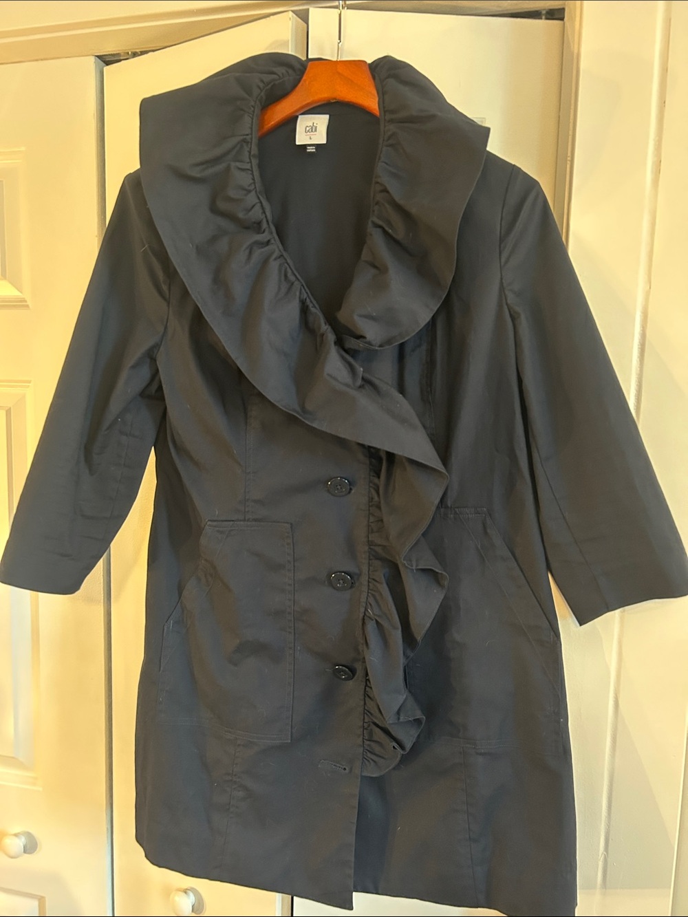 CAbi Ruffle-Front Trench Coat in Charcoal